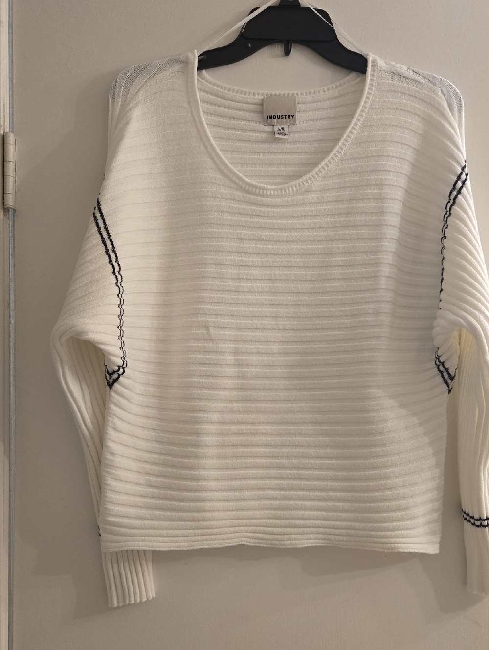 Industry White Ribbed Scoop Neck Sweater with Navy Stitching